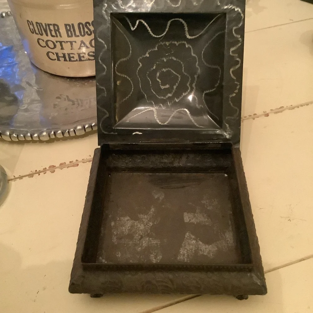Vintage Antique Square Metal Decorated Jewelry Trinket Box